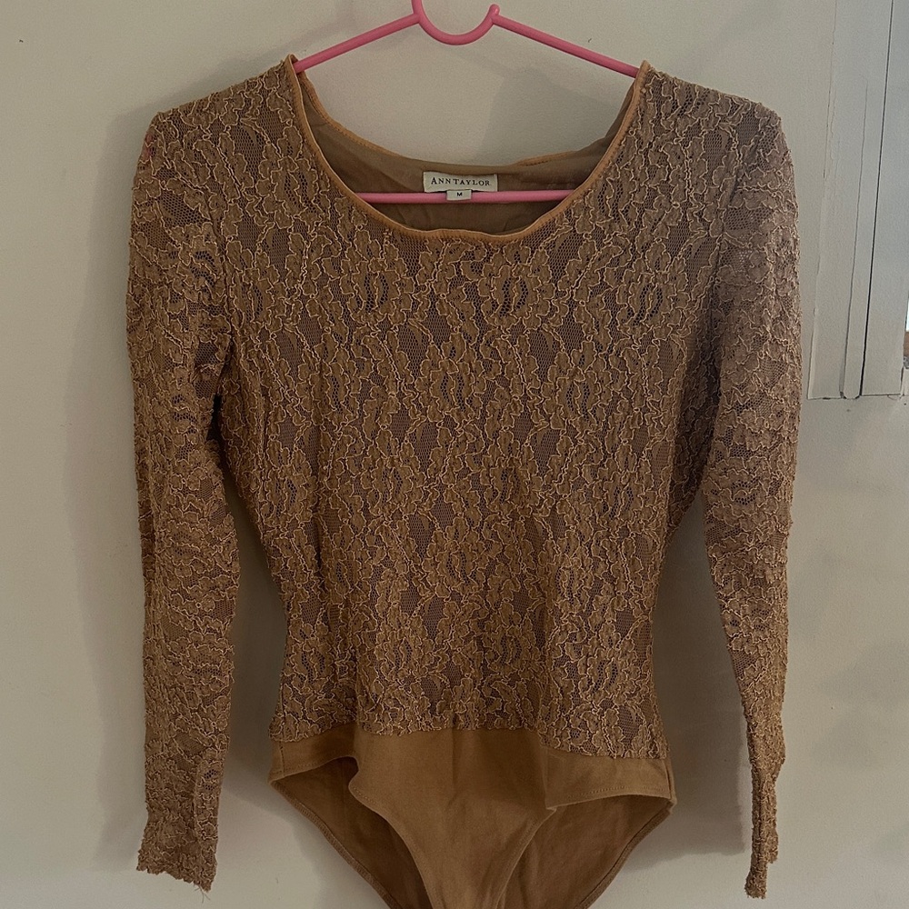 Ann Taylor Vintage Brown Lace Long Sleeve Bodysuit